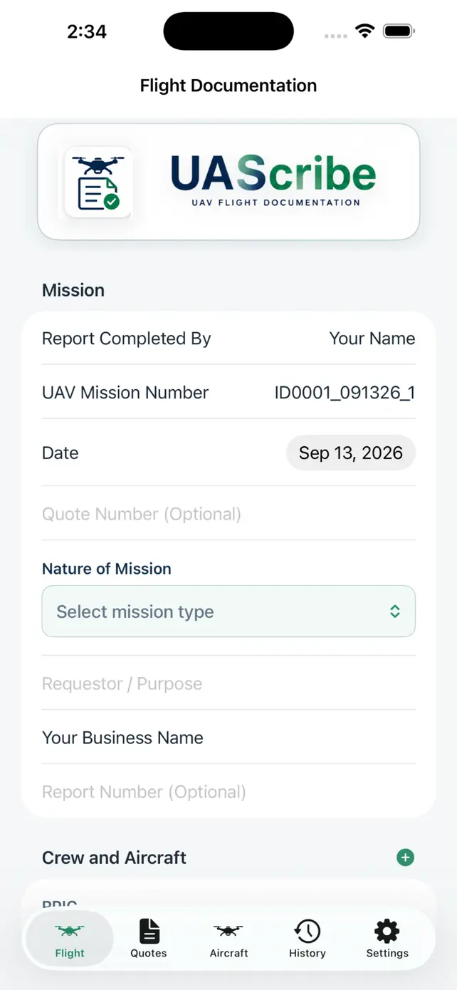 UAScribe flight documentation form