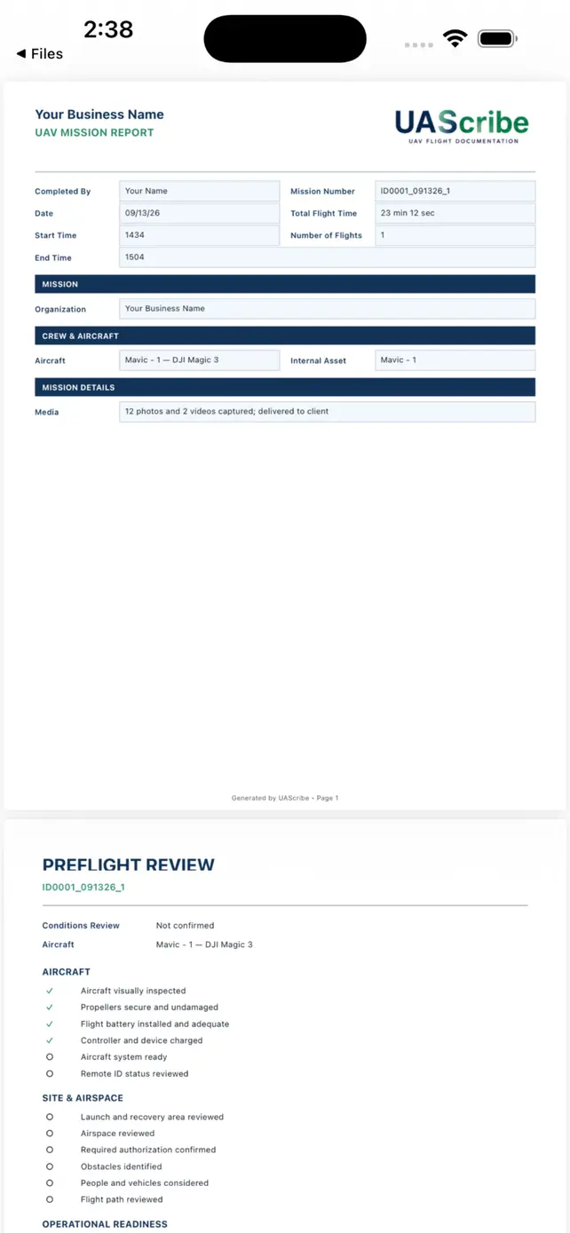A mission report PDF exported by UAScribe